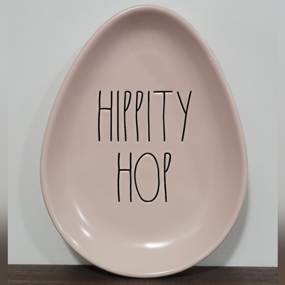 Rae Dunn Egg-Shaped Plate with 'Hippity Hop' Text